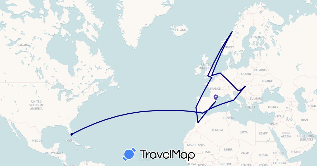 TravelMap itinerary: driving in Germany, Spain, United Kingdom, Gibraltar, Croatia, Hungary, Italy, Morocco, Netherlands, Norway, Portugal, Slovenia, United States (Africa, Europe, North America)