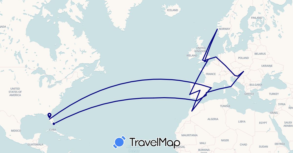 TravelMap itinerary: driving in Spain, United Kingdom, Gibraltar, Croatia, Hungary, Italy, Morocco, Netherlands, Norway, Portugal, Slovenia, United States (Africa, Europe, North America)
